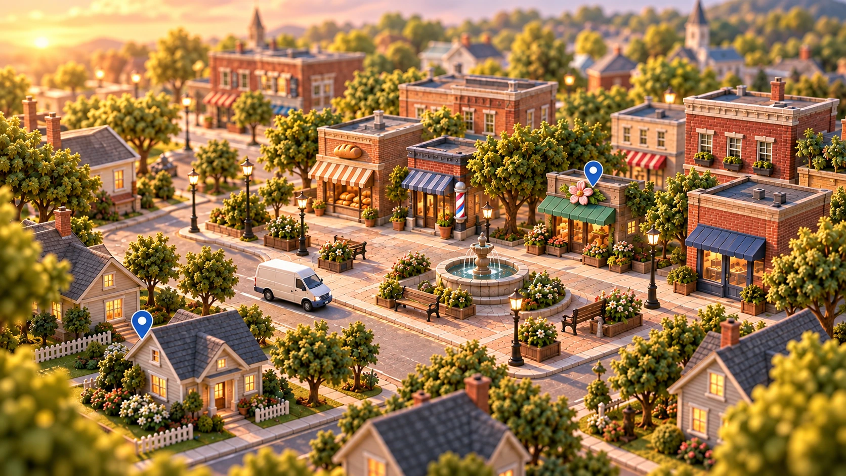 A miniature town at sunset: a house in the foreground and Main Street shops around a fountain.