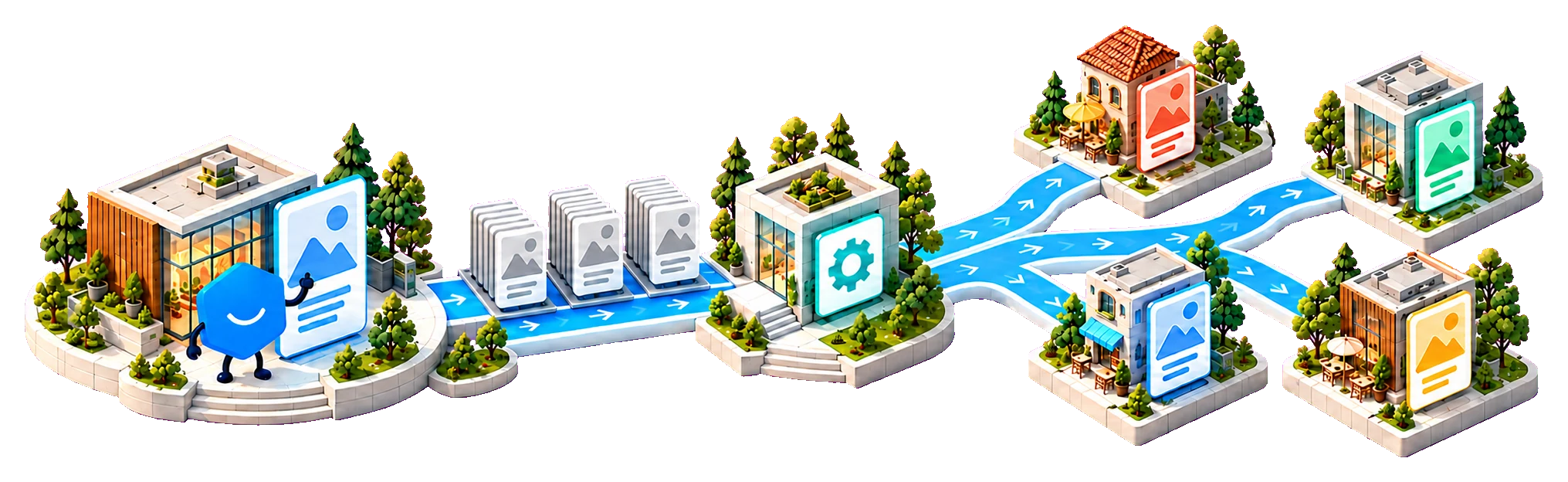 One agency-owned campaign template becoming several customized client campaigns.